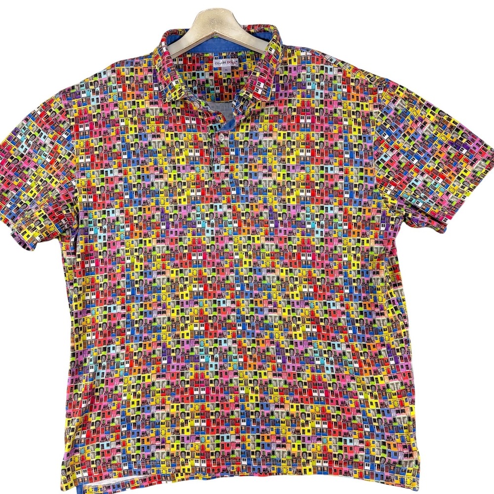 Coton Doux Polo Shirt Mens XL Multicolor‎ Doors Print 100% Cotton Casual Golf